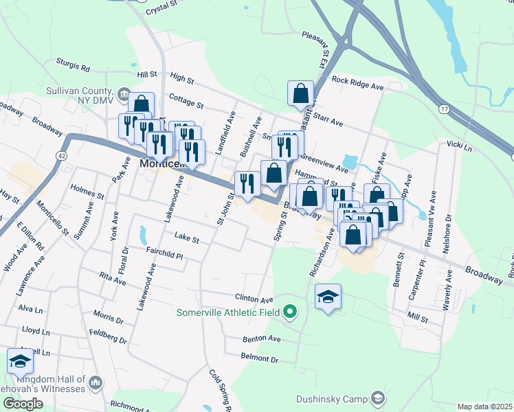 map of restaurants, bars, coffee shops, grocery stores, and more near 397 Broadway in Monticello