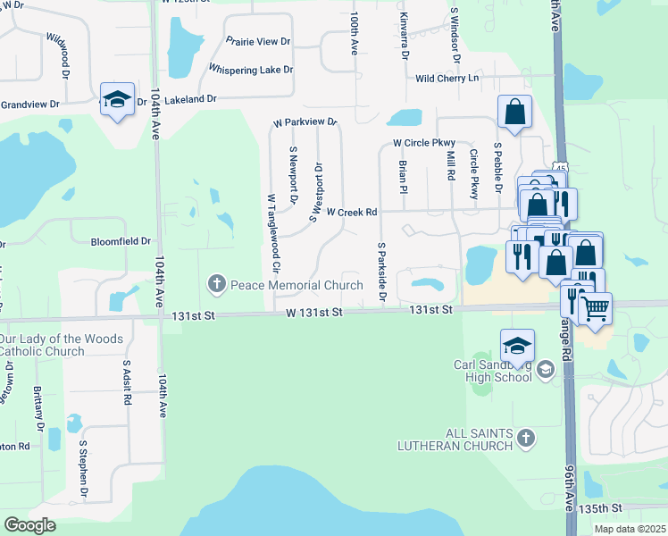 map of restaurants, bars, coffee shops, grocery stores, and more near 13002 Sandburg Court in Palos Park