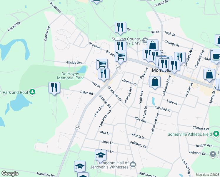 map of restaurants, bars, coffee shops, grocery stores, and more near 32 Monticello St in Monticello