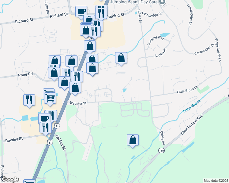 map of restaurants, bars, coffee shops, grocery stores, and more near 15 Adam Drive in Newington