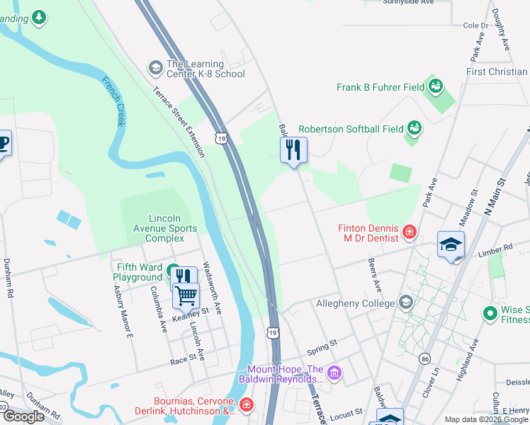 map of restaurants, bars, coffee shops, grocery stores, and more near 118 Echnoz Avenue in Meadville