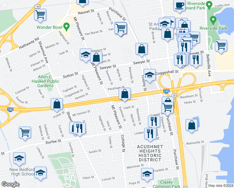 map of restaurants, bars, coffee shops, grocery stores, and more near 495 Cedar Grove Street in New Bedford