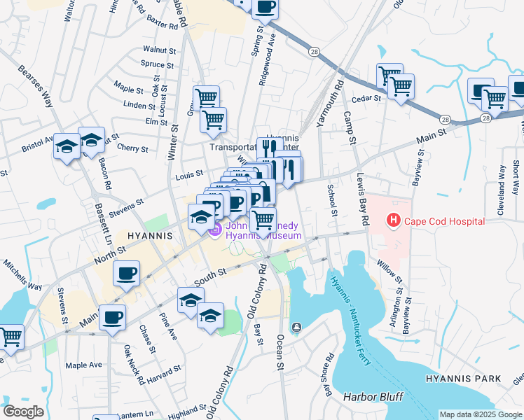 map of restaurants, bars, coffee shops, grocery stores, and more near 307 Main Street in Barnstable