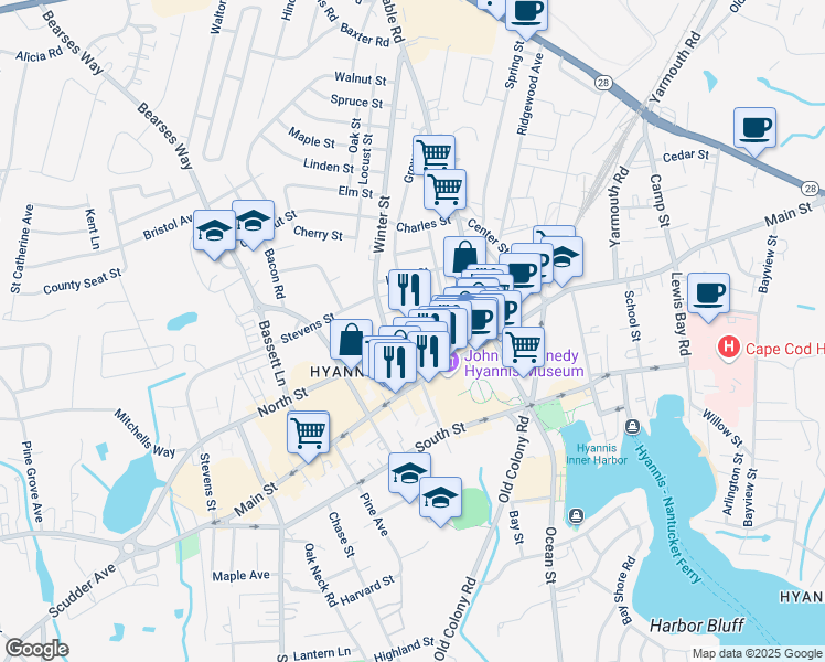 map of restaurants, bars, coffee shops, grocery stores, and more near 72 North Street in Barnstable