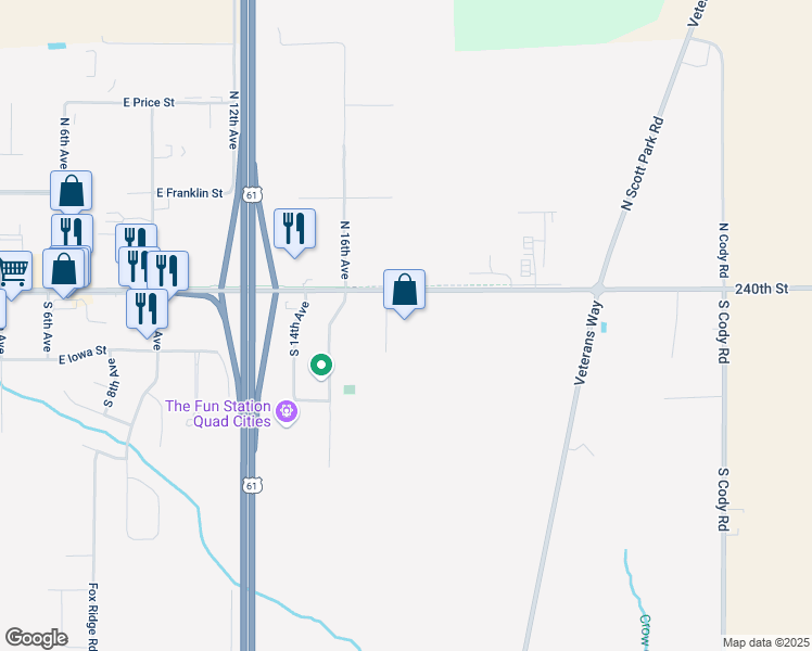map of restaurants, bars, coffee shops, grocery stores, and more near 201 South 16th Avenue in Eldridge