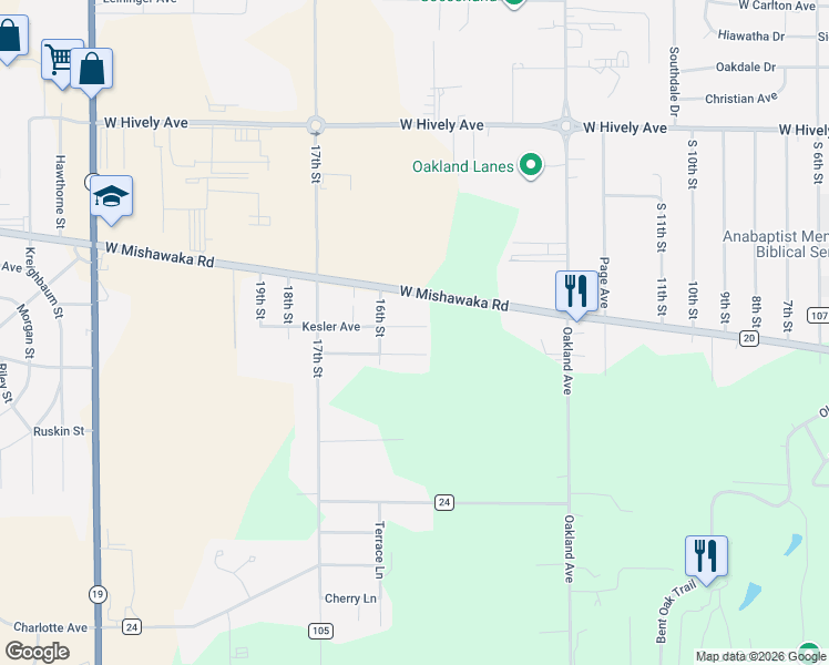 map of restaurants, bars, coffee shops, grocery stores, and more near 27306 Kesler Avenue in Elkhart