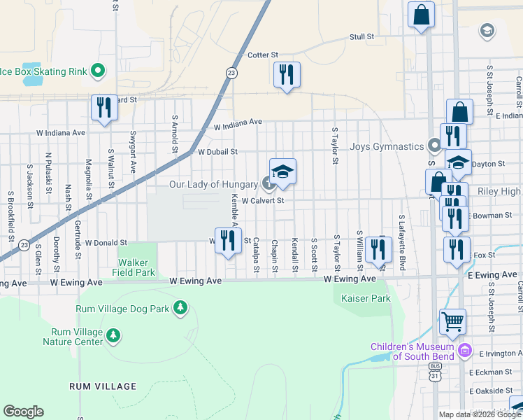 map of restaurants, bars, coffee shops, grocery stores, and more near 1900-2000 Catalpa Street in South Bend