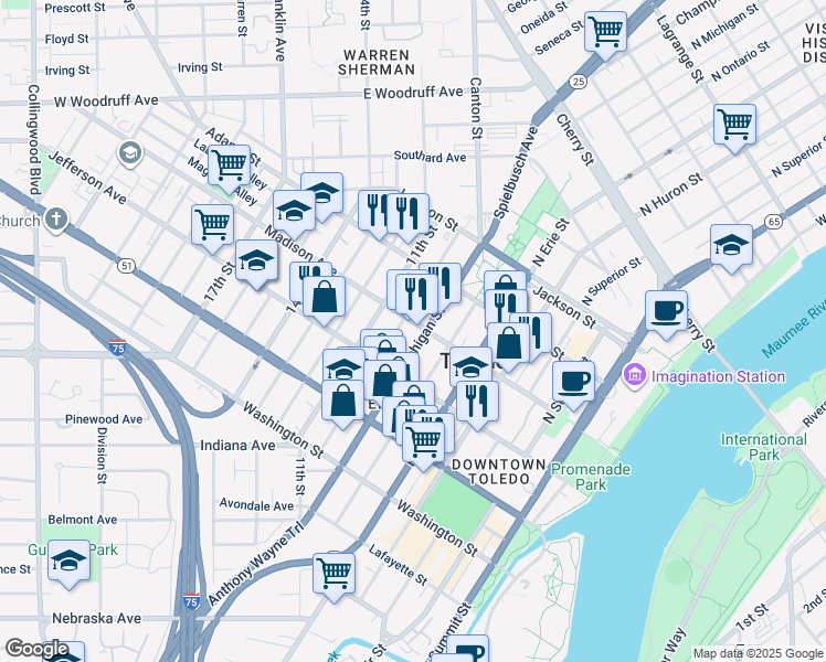 map of restaurants, bars, coffee shops, grocery stores, and more near in Toledo