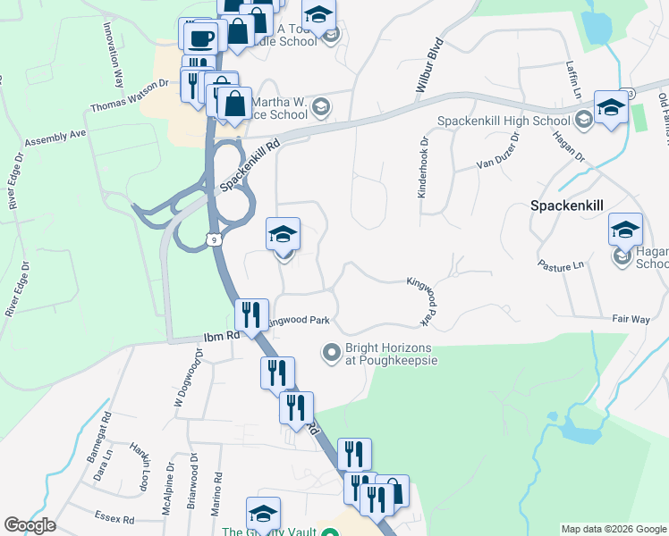 map of restaurants, bars, coffee shops, grocery stores, and more near 51 Kingwood Park in Poughkeepsie