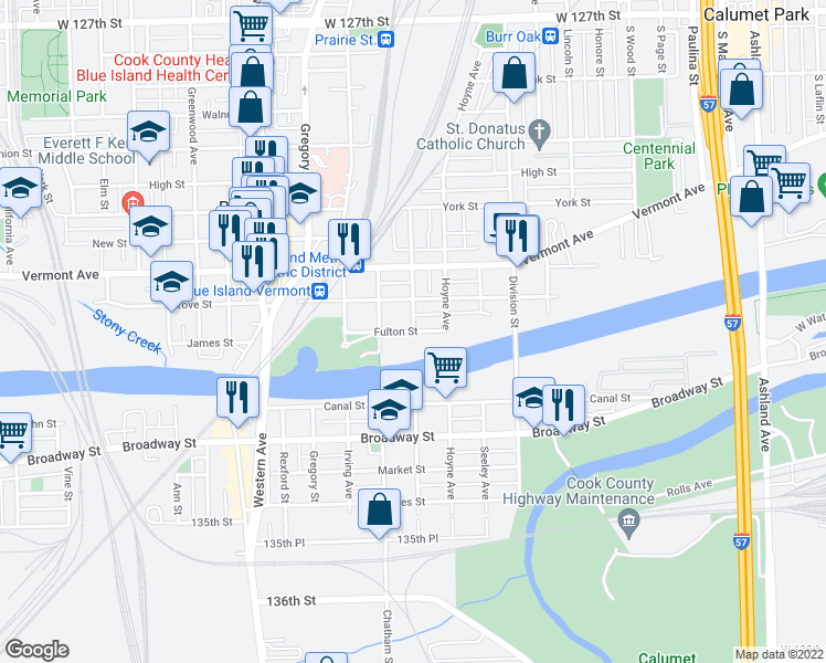 map of restaurants, bars, coffee shops, grocery stores, and more near Chicago Street & Fulton Street in Blue Island