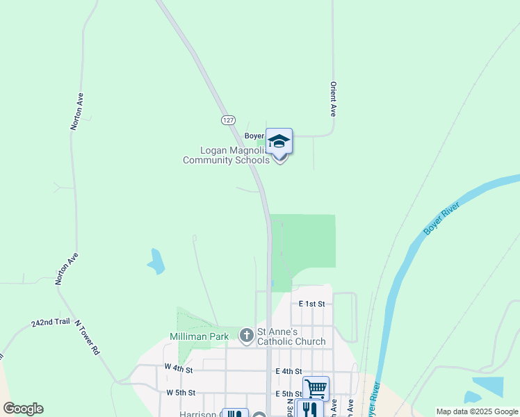map of restaurants, bars, coffee shops, grocery stores, and more near 2750 Iowa 127 in Logan