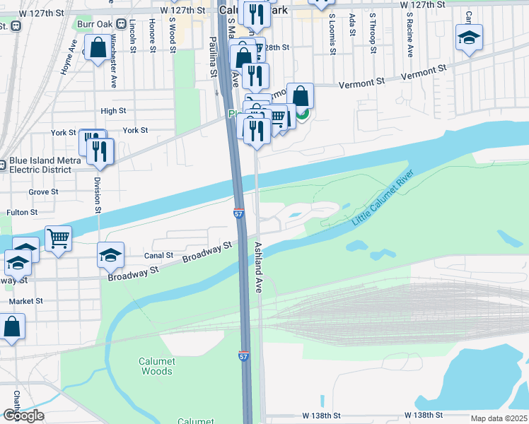 map of restaurants, bars, coffee shops, grocery stores, and more near 13201 South Ashland Avenue in Blue Island