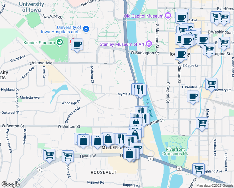 map of restaurants, bars, coffee shops, grocery stores, and more near Myrtle Avenue in Iowa City