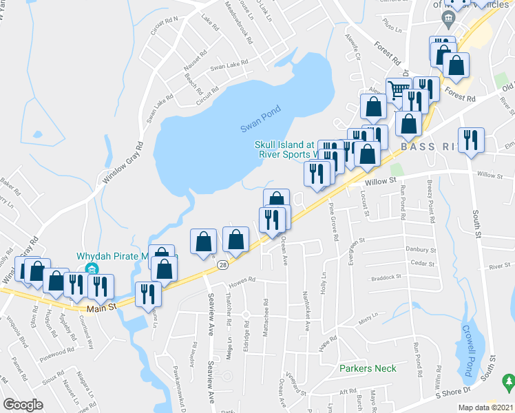 map of restaurants, bars, coffee shops, grocery stores, and more near 844 Massachusetts 28 in Yarmouth