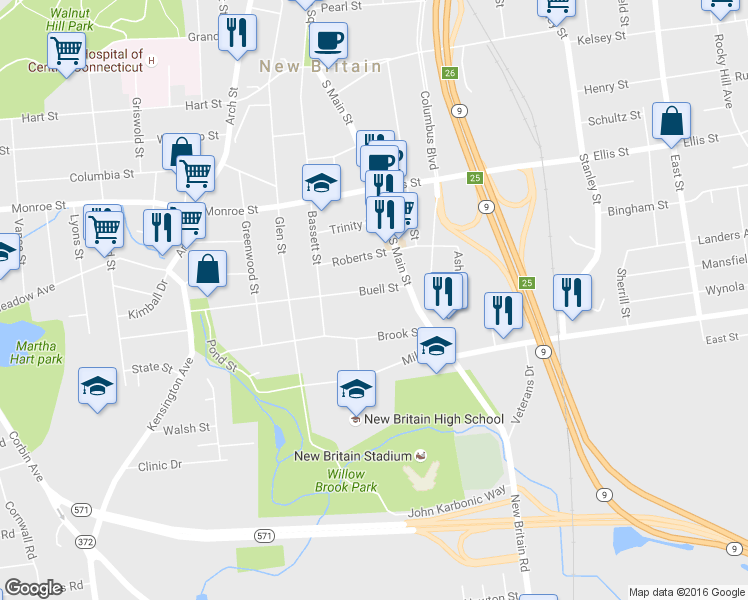 map of restaurants, bars, coffee shops, grocery stores, and more near 34 Buell Street in New Britain
