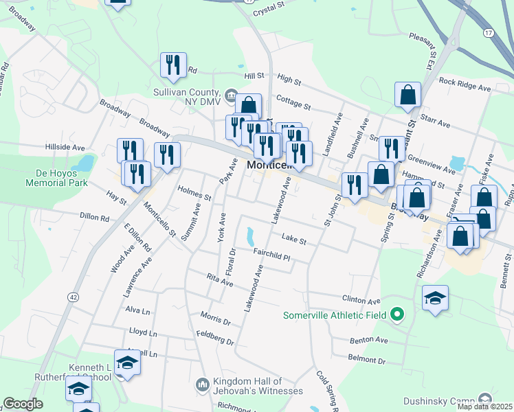 map of restaurants, bars, coffee shops, grocery stores, and more near 20 Garden Drive in Monticello