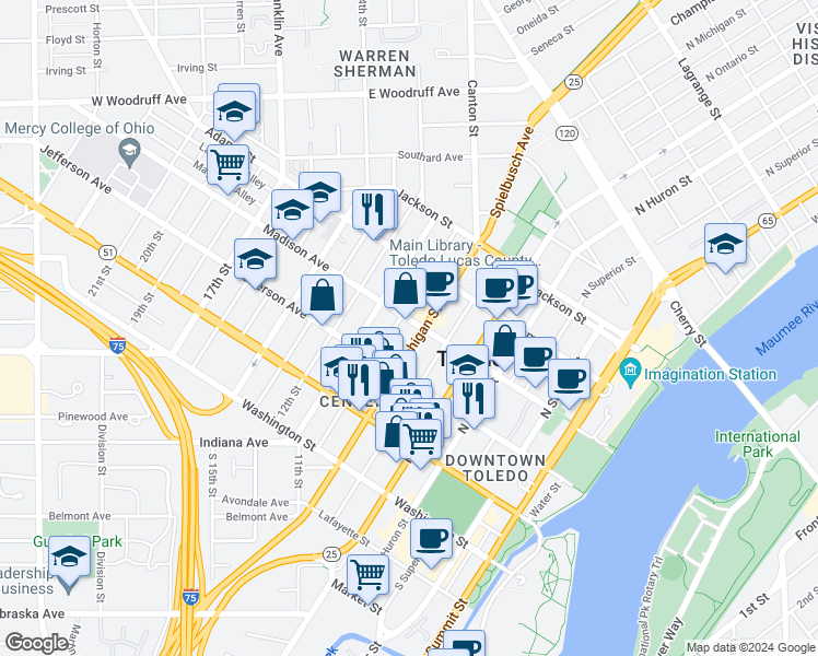 map of restaurants, bars, coffee shops, grocery stores, and more near in Toledo