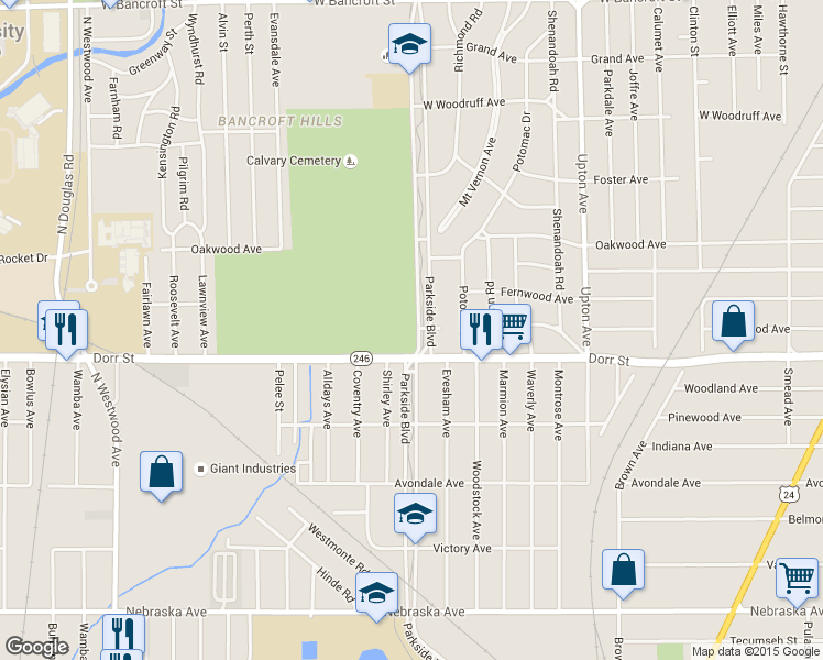 map of restaurants, bars, coffee shops, grocery stores, and more near 1319 Parkside Boulevard in Toledo