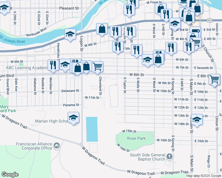 map of restaurants, bars, coffee shops, grocery stores, and more near 911 Berkley Circle in Mishawaka