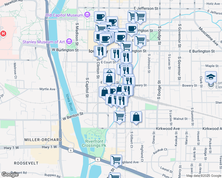 map of restaurants, bars, coffee shops, grocery stores, and more near 628 South Dubuque Street in Iowa City