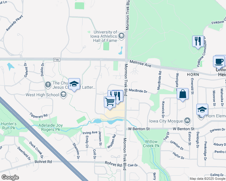 map of restaurants, bars, coffee shops, grocery stores, and more near 2656 Roberts Road in Iowa City