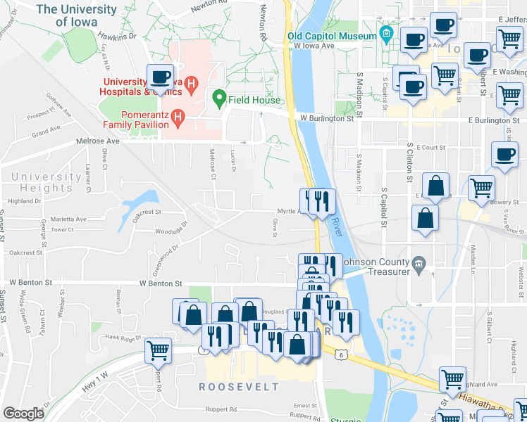 map of restaurants, bars, coffee shops, grocery stores, and more near Myrtle Avenue in Iowa City