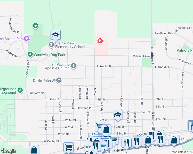 map of restaurants, bars, coffee shops, grocery stores, and more near 902 North Main Street in Sandwich