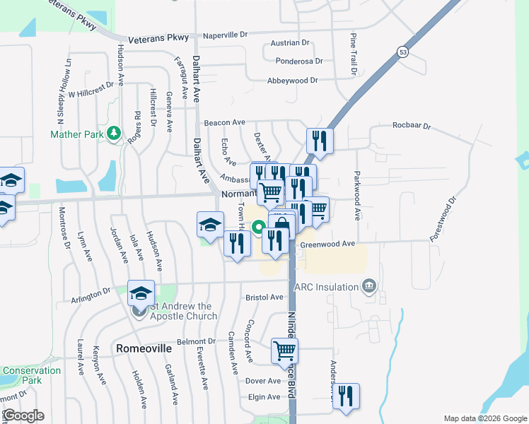 map of restaurants, bars, coffee shops, grocery stores, and more near 30 Phelps Avenue in Romeoville