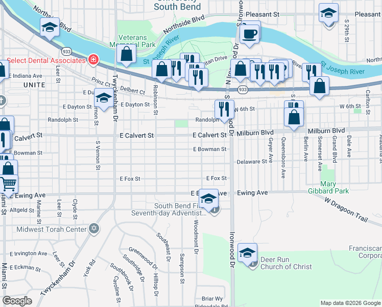 map of restaurants, bars, coffee shops, grocery stores, and more near 1849 Hoke Street in South Bend