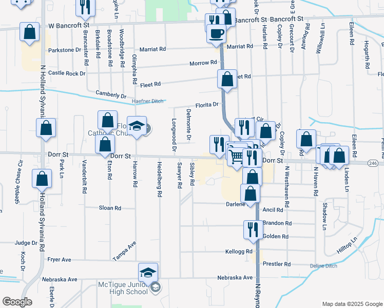 map of restaurants, bars, coffee shops, grocery stores, and more near 5440 Dorr Street in Toledo