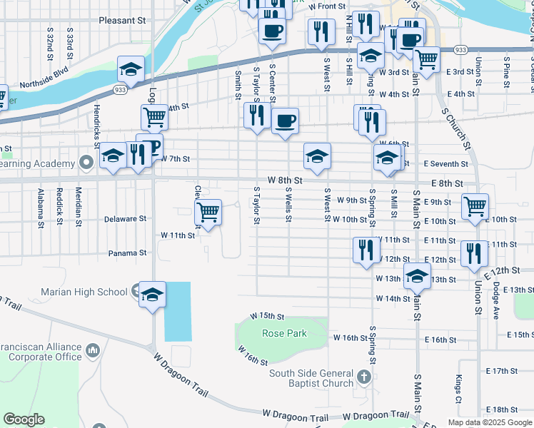 map of restaurants, bars, coffee shops, grocery stores, and more near 609 West 10th Street in Mishawaka