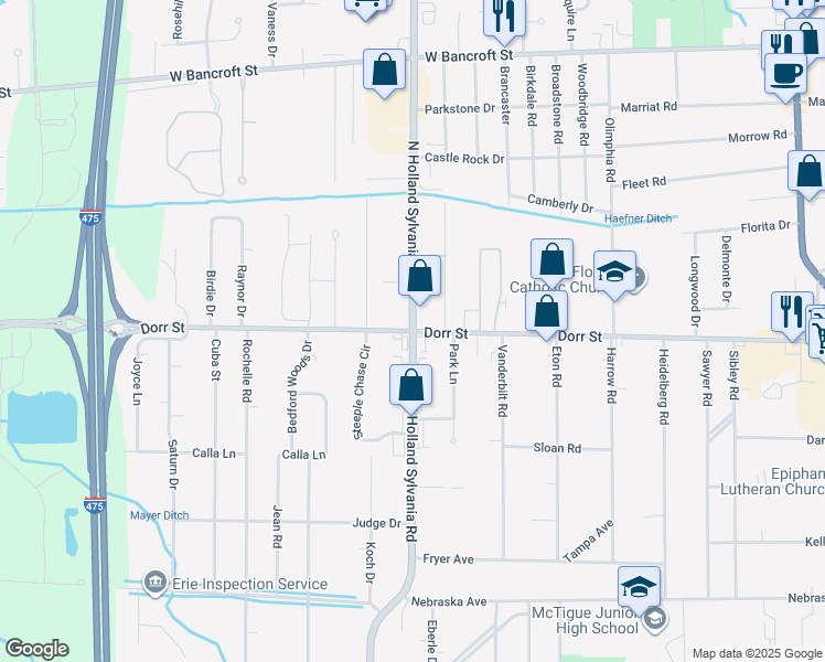 map of restaurants, bars, coffee shops, grocery stores, and more near N Holland Sylvania Rd & Dorr St in Toledo