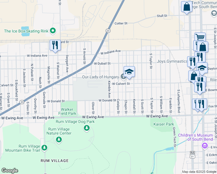 map of restaurants, bars, coffee shops, grocery stores, and more near 1901 Kemble Avenue in South Bend