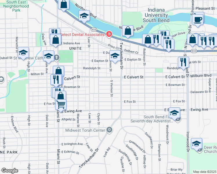 map of restaurants, bars, coffee shops, grocery stores, and more near 1410 East Bowman Street in South Bend
