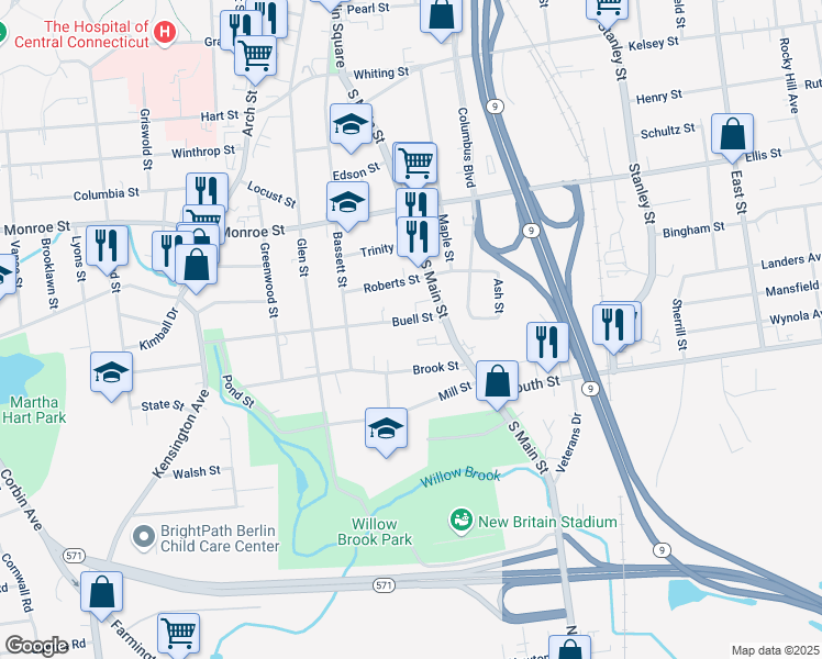 map of restaurants, bars, coffee shops, grocery stores, and more near 34 Buell Street in New Britain