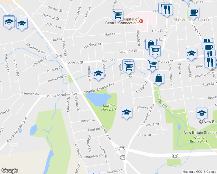 map of restaurants, bars, coffee shops, grocery stores, and more near 172 Shuttle Meadow Avenue in New Britain