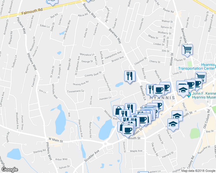 map of restaurants, bars, coffee shops, grocery stores, and more near 2 Hamden Circle in Barnstable