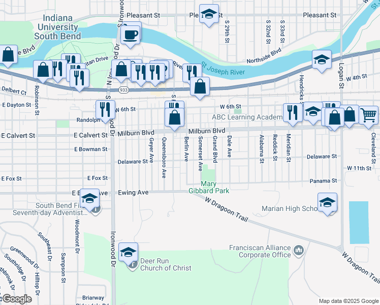 map of restaurants, bars, coffee shops, grocery stores, and more near 814 Berlin Avenue in Mishawaka