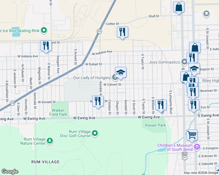 map of restaurants, bars, coffee shops, grocery stores, and more near 1900-2000 Catalpa Street in South Bend