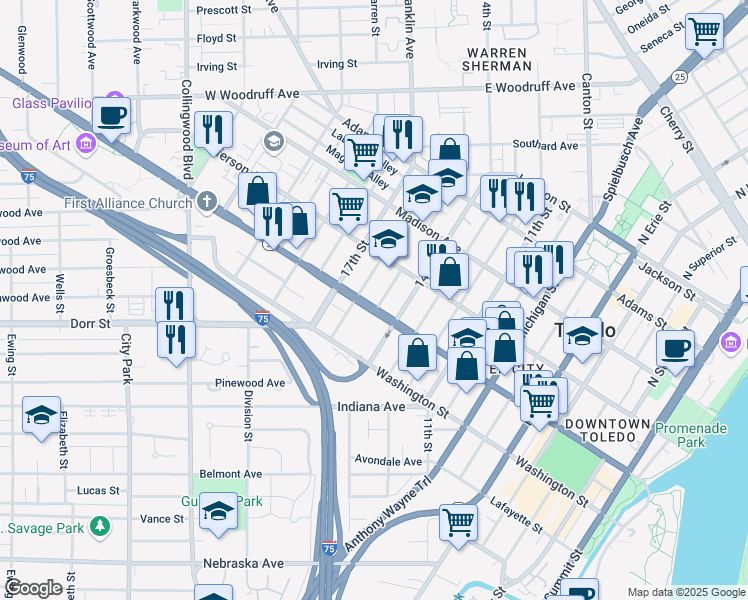 map of restaurants, bars, coffee shops, grocery stores, and more near 1502 Monroe Street in Toledo