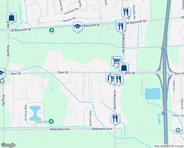 map of restaurants, bars, coffee shops, grocery stores, and more near 6935-6939 Dorr Street in Toledo