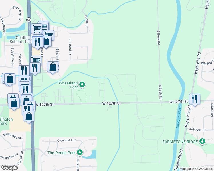 map of restaurants, bars, coffee shops, grocery stores, and more near 23507 West 127th Street in Plainfield