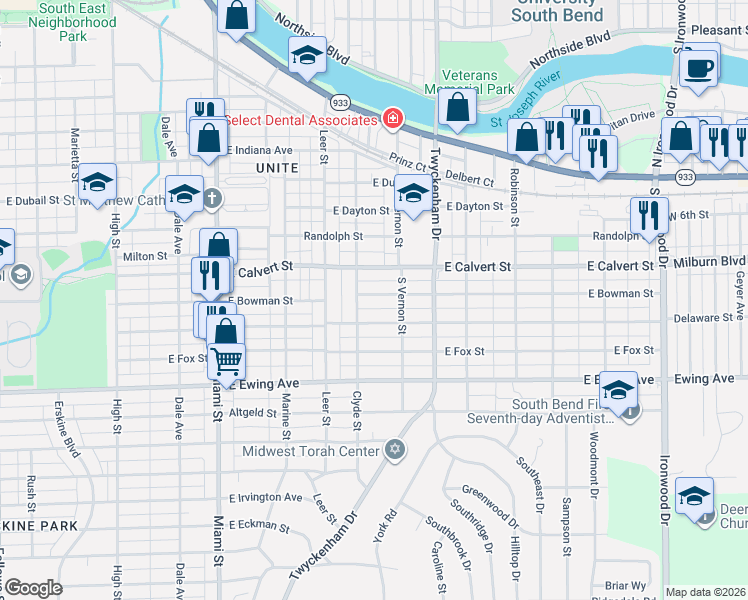 map of restaurants, bars, coffee shops, grocery stores, and more near 1410 East Bowman Street in South Bend
