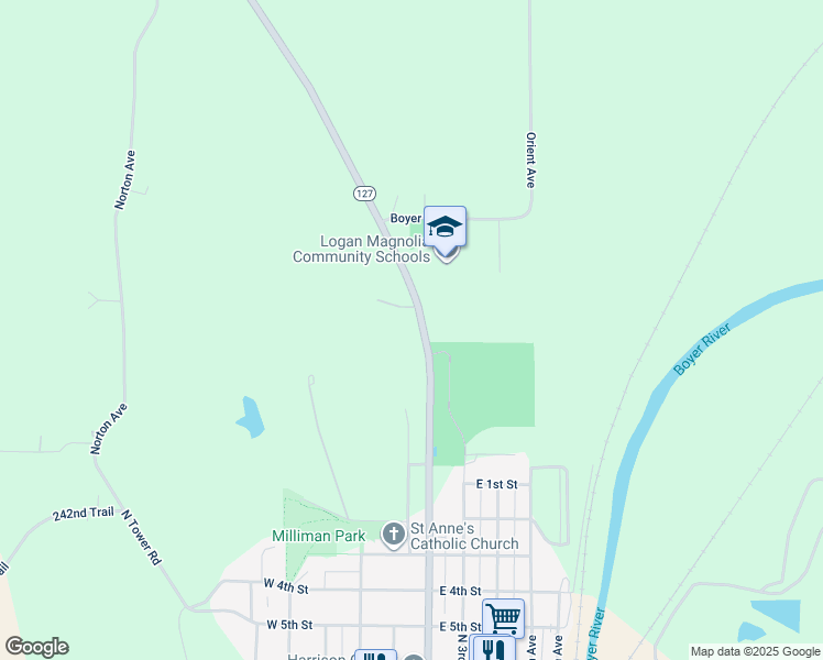 map of restaurants, bars, coffee shops, grocery stores, and more near 2750 Iowa 127 in Logan