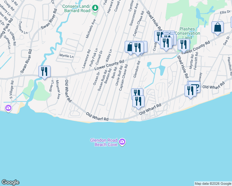 map of restaurants, bars, coffee shops, grocery stores, and more near 64 Uncle Rolf Road in Dennis