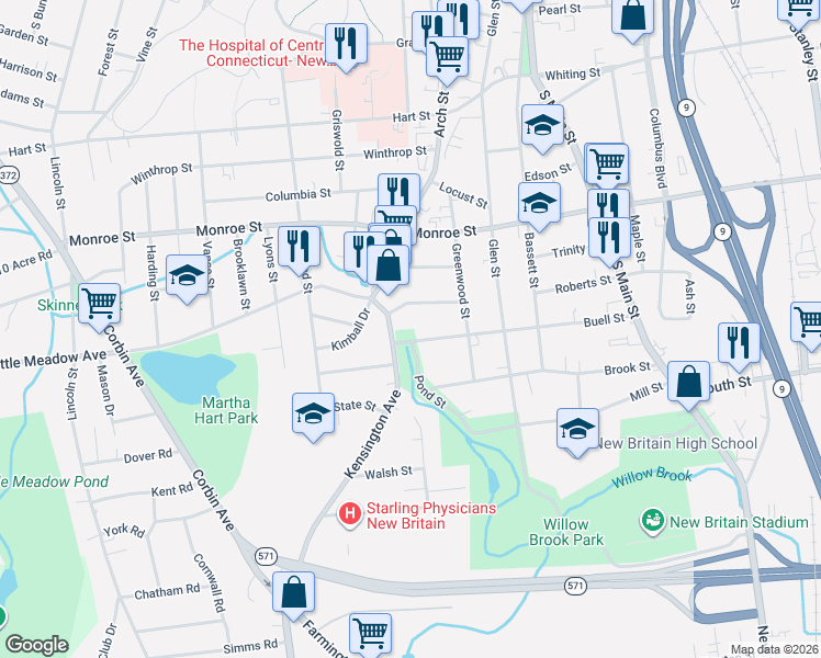 map of restaurants, bars, coffee shops, grocery stores, and more near 245 Buell Street in New Britain