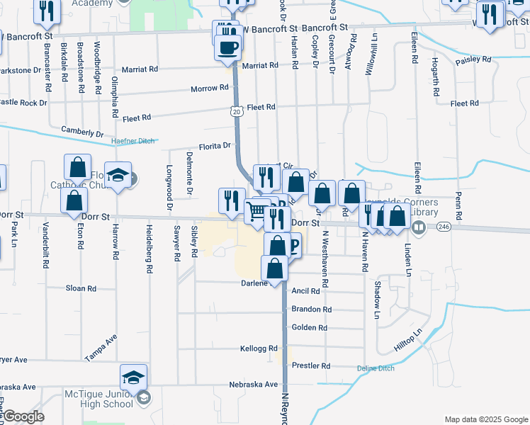 map of restaurants, bars, coffee shops, grocery stores, and more near in Toledo