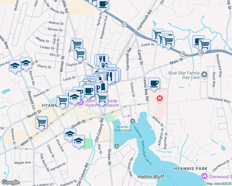 map of restaurants, bars, coffee shops, grocery stores, and more near 43 Pleasant Street in Barnstable