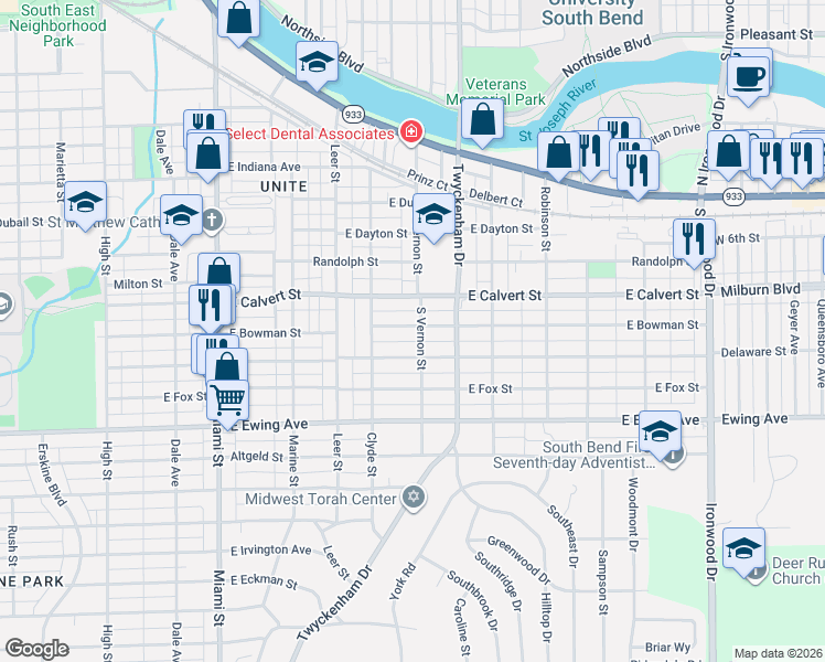 map of restaurants, bars, coffee shops, grocery stores, and more near 1410 East Bowman Street in South Bend