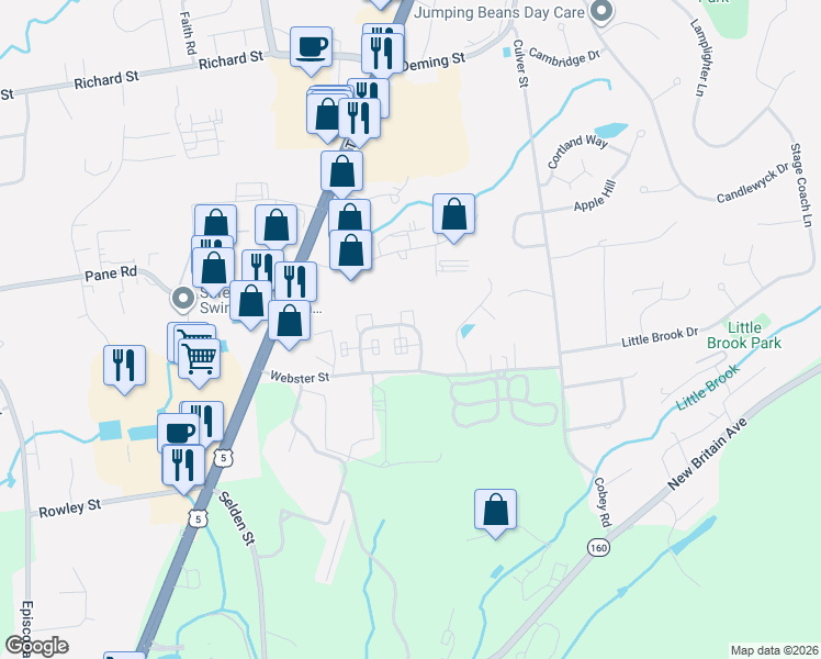 map of restaurants, bars, coffee shops, grocery stores, and more near 159 Webster Court in Newington